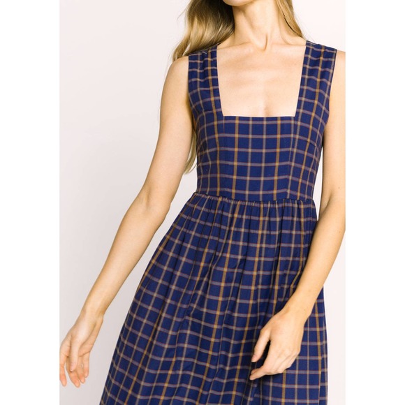 Plaid Navy and Brown Tie-Back Maxi Dress - Picture 3 of 6